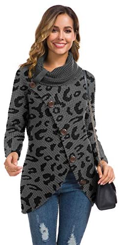 Women's Solid Color Chunky Button Pullover Sweater Turtle Cowl Neck Asymmetric Hem Knit Sweater