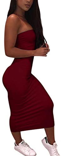 Women's Basic Sleeveless Tube Top Sexy Strapless Bodycon Midi Club Dress