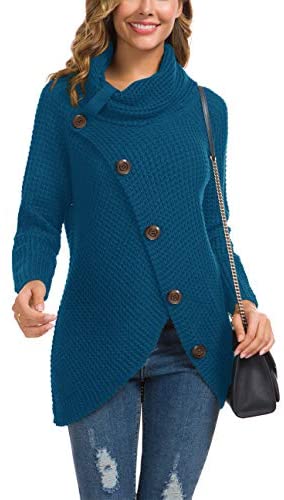 Women's Solid Color Chunky Button Pullover Sweater Turtle Cowl Neck Asymmetric Hem Knit Sweater