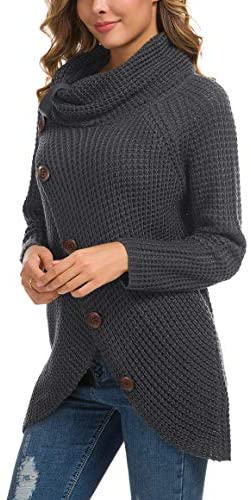 Women's Solid Color Chunky Button Pullover Sweater Turtle Cowl Neck Asymmetric Hem Knit Sweater