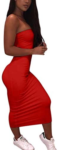 Women's Basic Sleeveless Tube Top Sexy Strapless Bodycon Midi Club Dress