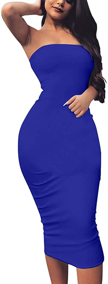 Women's Basic Sleeveless Tube Top Sexy Strapless Bodycon Midi Club Dress