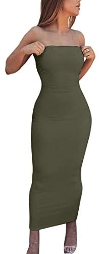 Women's Basic Sleeveless Tube Top Sexy Strapless Bodycon Midi Club Dress