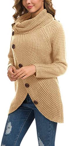 Women's Solid Color Chunky Button Pullover Sweater Turtle Cowl Neck Asymmetric Hem Knit Sweater