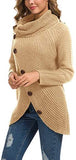 Women's Solid Color Chunky Button Pullover Sweater Turtle Cowl Neck Asymmetric Hem Knit Sweater