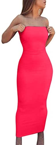 Women's Basic Sleeveless Tube Top Sexy Strapless Bodycon Midi Club Dress