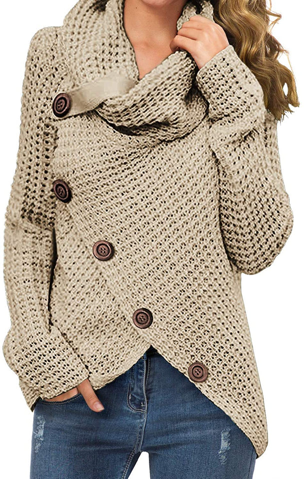 Women's Solid Color Chunky Button Pullover Sweater Turtle Cowl Neck Asymmetric Hem Knit Sweater