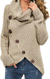 Women's Solid Color Chunky Button Pullover Sweater Turtle Cowl Neck Asymmetric Hem Knit Sweater