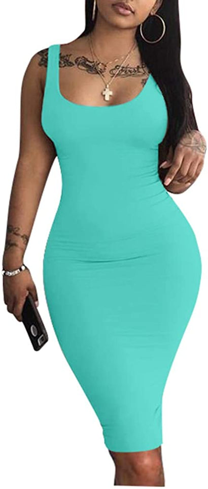 Women's Sexy Bodycon Tank Dress Sleeveless Basic Midi Club Dresses