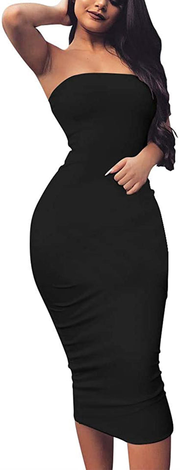 Women's Basic Sleeveless Tube Top Sexy Strapless Bodycon Midi Club Dress