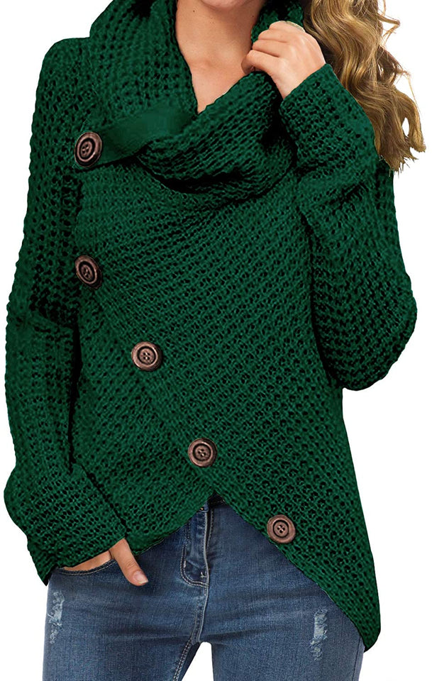 Women's Solid Color Chunky Button Pullover Sweater Turtle Cowl Neck Asymmetric Hem Knit Sweater