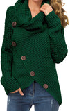 Women's Solid Color Chunky Button Pullover Sweater Turtle Cowl Neck Asymmetric Hem Knit Sweater