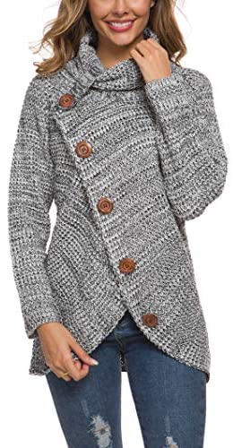 Women's Solid Color Chunky Button Pullover Sweater Turtle Cowl Neck Asymmetric Hem Knit Sweater