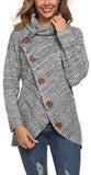 Women's Solid Color Chunky Button Pullover Sweater Turtle Cowl Neck Asymmetric Hem Knit Sweater