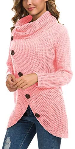 Women's Solid Color Chunky Button Pullover Sweater Turtle Cowl Neck Asymmetric Hem Knit Sweater