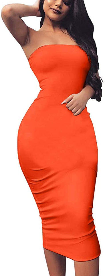 Women's Basic Sleeveless Tube Top Sexy Strapless Bodycon Midi Club Dress
