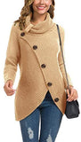 Women's Solid Color Chunky Button Pullover Sweater Turtle Cowl Neck Asymmetric Hem Knit Sweater