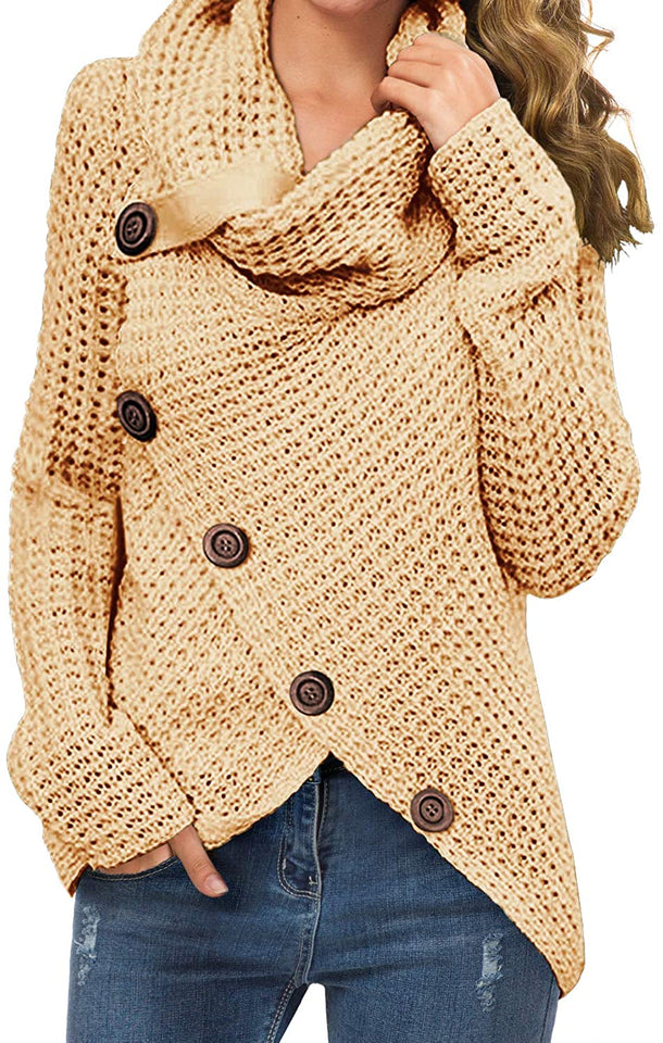 Women's Solid Color Chunky Button Pullover Sweater Turtle Cowl Neck Asymmetric Hem Knit Sweater