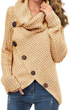 Women's Solid Color Chunky Button Pullover Sweater Turtle Cowl Neck Asymmetric Hem Knit Sweater