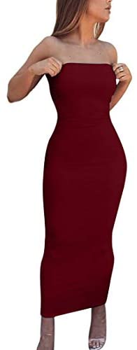 Women's Basic Sleeveless Tube Top Sexy Strapless Bodycon Midi Club Dress