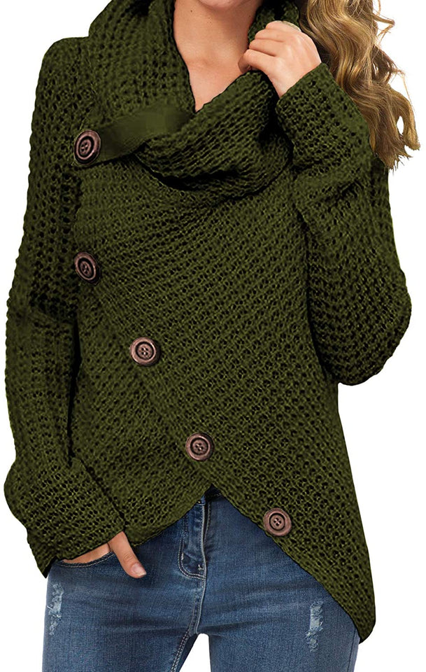 Women's Solid Color Chunky Button Pullover Sweater Turtle Cowl Neck Asymmetric Hem Knit Sweater