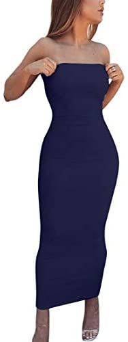 Women's Basic Sleeveless Tube Top Sexy Strapless Bodycon Midi Club Dress