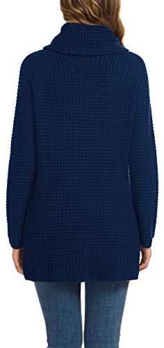 Women's Solid Color Chunky Button Pullover Sweater Turtle Cowl Neck Asymmetric Hem Knit Sweater