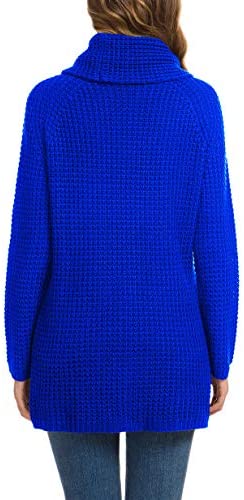 Women's Solid Color Chunky Button Pullover Sweater Turtle Cowl Neck Asymmetric Hem Knit Sweater