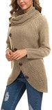 Women's Solid Color Chunky Button Pullover Sweater Turtle Cowl Neck Asymmetric Hem Knit Sweater
