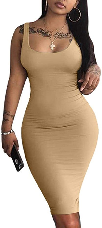 Women's Sexy Bodycon Tank Dress Sleeveless Basic Midi Club Dresses
