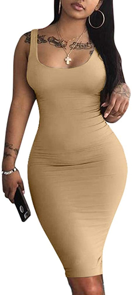 Women's Sexy Bodycon Tank Dress Sleeveless Basic Midi Club Dresses