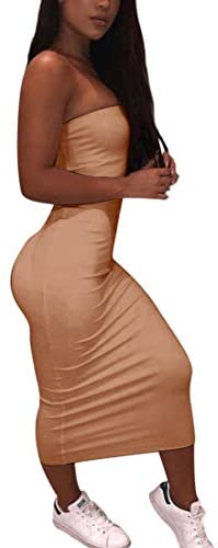 Women's Basic Sleeveless Tube Top Sexy Strapless Bodycon Midi Club Dress