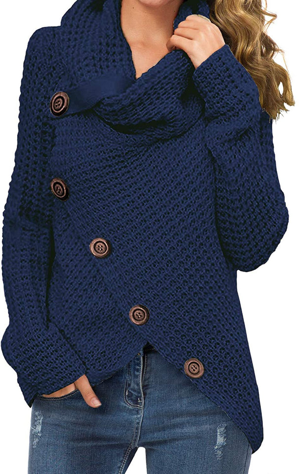 Women's Solid Color Chunky Button Pullover Sweater Turtle Cowl Neck Asymmetric Hem Knit Sweater