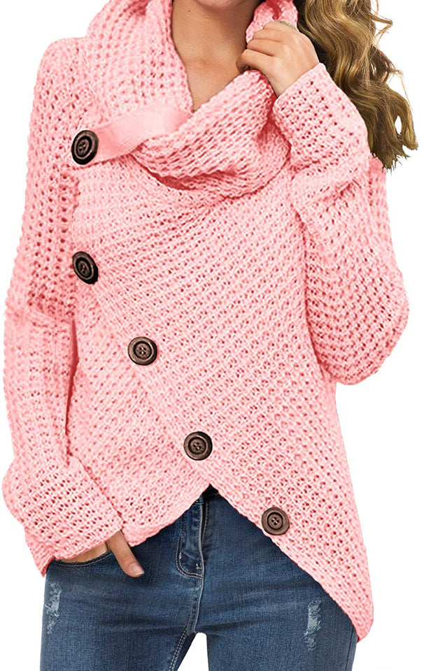 Women's Solid Color Chunky Button Pullover Sweater Turtle Cowl Neck Asymmetric Hem Knit Sweater