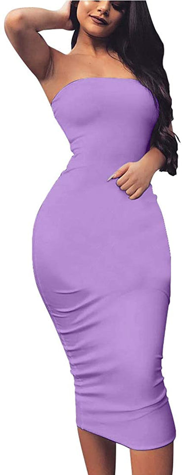 Women's Basic Sleeveless Tube Top Sexy Strapless Bodycon Midi Club Dress