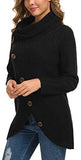 Women's Solid Color Chunky Button Pullover Sweater Turtle Cowl Neck Asymmetric Hem Knit Sweater