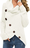 Women's Solid Color Chunky Button Pullover Sweater Turtle Cowl Neck Asymmetric Hem Knit Sweater