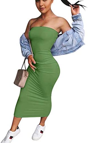 Women's Basic Sleeveless Tube Top Sexy Strapless Bodycon Midi Club Dress
