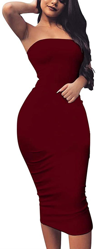 Women's Basic Sleeveless Tube Top Sexy Strapless Bodycon Midi Club Dress