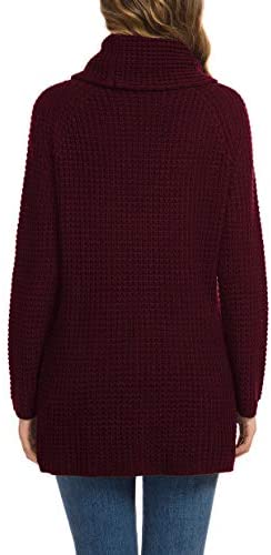 Women's Solid Color Chunky Button Pullover Sweater Turtle Cowl Neck Asymmetric Hem Knit Sweater