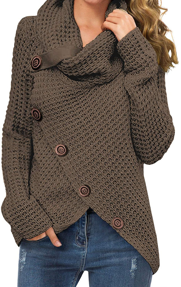 Women's Solid Color Chunky Button Pullover Sweater Turtle Cowl Neck Asymmetric Hem Knit Sweater