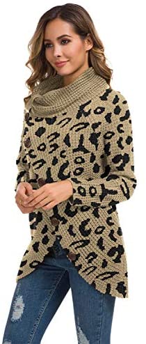 Women's Solid Color Chunky Button Pullover Sweater Turtle Cowl Neck Asymmetric Hem Knit Sweater