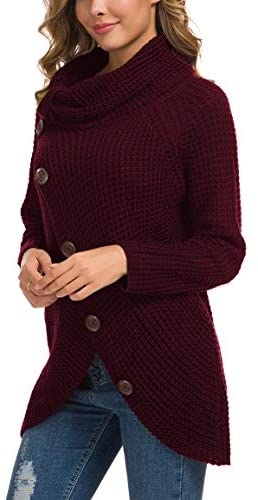 Women's Solid Color Chunky Button Pullover Sweater Turtle Cowl Neck Asymmetric Hem Knit Sweater