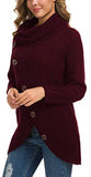 Women's Solid Color Chunky Button Pullover Sweater Turtle Cowl Neck Asymmetric Hem Knit Sweater