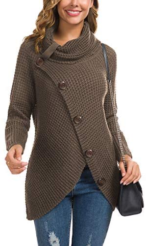 Women's Solid Color Chunky Button Pullover Sweater Turtle Cowl Neck Asymmetric Hem Knit Sweater