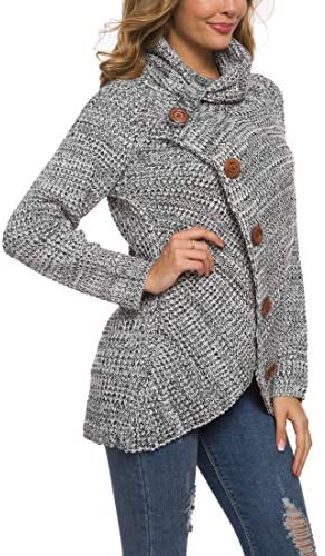 Women's Solid Color Chunky Button Pullover Sweater Turtle Cowl Neck Asymmetric Hem Knit Sweater