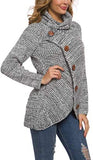 Women's Solid Color Chunky Button Pullover Sweater Turtle Cowl Neck Asymmetric Hem Knit Sweater