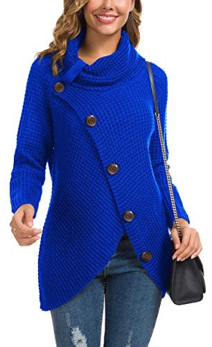 Women's Solid Color Chunky Button Pullover Sweater Turtle Cowl Neck Asymmetric Hem Knit Sweater