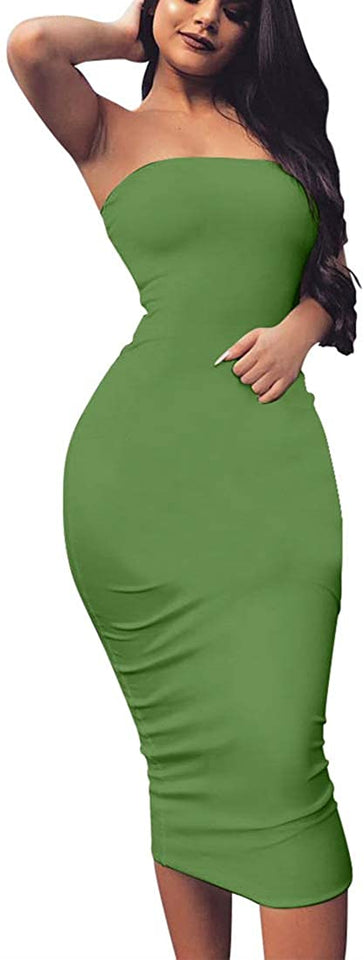 Women's Basic Sleeveless Tube Top Sexy Strapless Bodycon Midi Club Dress