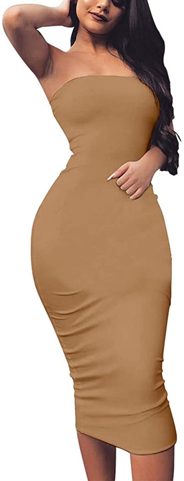 Women's Basic Sleeveless Tube Top Sexy Strapless Bodycon Midi Club Dress